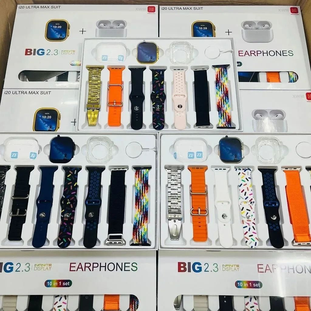 I20 Ultra Max suit Smart Watch 10 in 1 box 2.3inch large screen with 7 strips smartwatch With Airpords2 (random color)