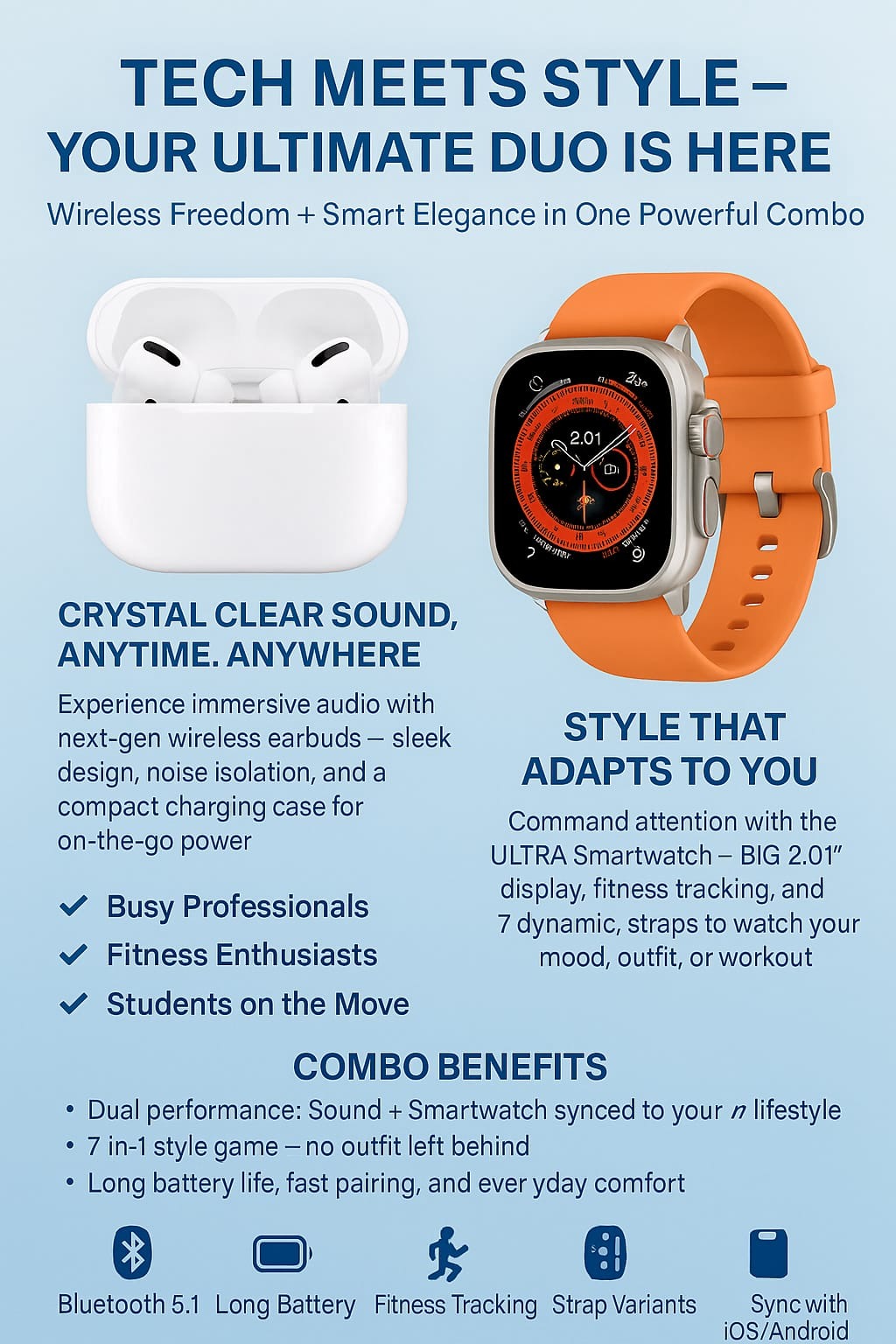 AirPods Pro 2 & Ultra 7-in-1 Smartwatch Combo – Premium Sound & Smart Style